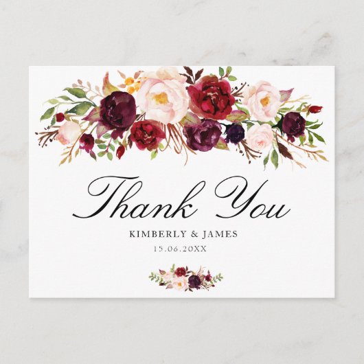 エレガントブルゴーニュと赤面の結婚フローラはユー感謝していズ ポストカード (正面)