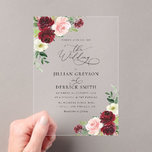 エレガントブルゴーニュと赤面フローラ結婚ズ アクリル招待状 (インサイチュ (ポータブル))