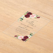 エレガントブルゴーニュと赤面フローラ結婚ズ アクリル招待状 (レイダウン)