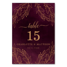 エレガントブルゴーニュと金ゴールド植物学結婚院 テーブルナンバー