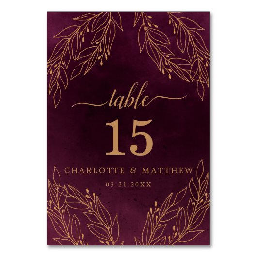 エレガントブルゴーニュと金ゴールド植物学結婚院 テーブルナンバー (正面)