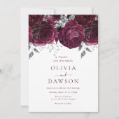 エレガントブルゴーニュの花とシルバー結婚ズ 招待状 (正面)