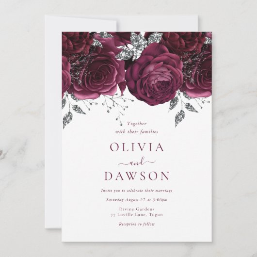 エレガントブルゴーニュの花とシルバー結婚ズ 招待状 (正面)
