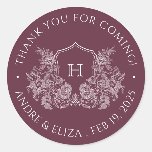 エレガントブルゴーニュクレストモノグラム結婚ステッカー ラウンドシール (正面)