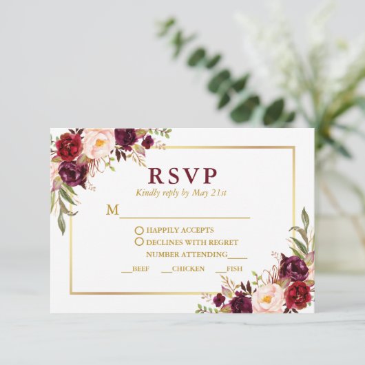 エレガントブルゴーニュフローラ結婚金ゴールドの食事 出欠カード (スタンド正面)