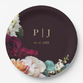 エレガントブルゴーニュフローラ金ゴールドモノグラ結婚ム ペーパープレート (正面)