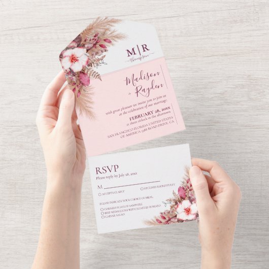 エレガントブルゴーニュ光ソフトピンクフローラ結婚ズ オールインワン招待状 (貼ってはがせる)