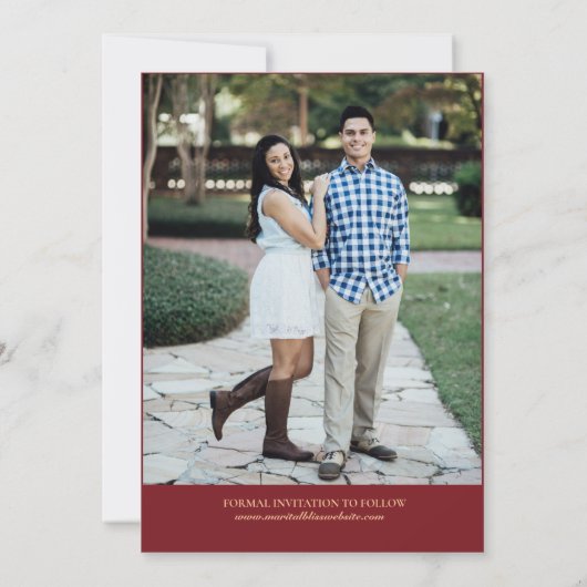 エレガントブルゴーニュ幾何金ゴールドフレ結婚ーム セーブザデート (裏面)