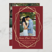 エレガントブルゴーニュ幾何金ゴールドフレ結婚ーム セーブザデート (正面/裏面)