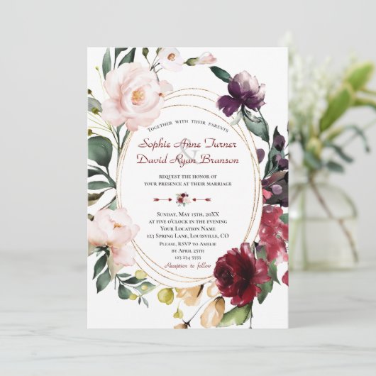 エレガントブルゴーニュ梅赤面花金ゴールド結婚ズ 招待状 (スタンド正面)