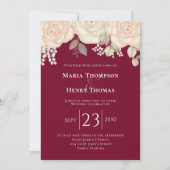 エレガントブルゴーニュ水彩アイボリーフローラ葉 招待状 (正面)