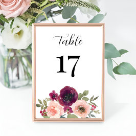 エレガントブルゴーニュ水彩フローラ結婚ズ テーブルナンバー
