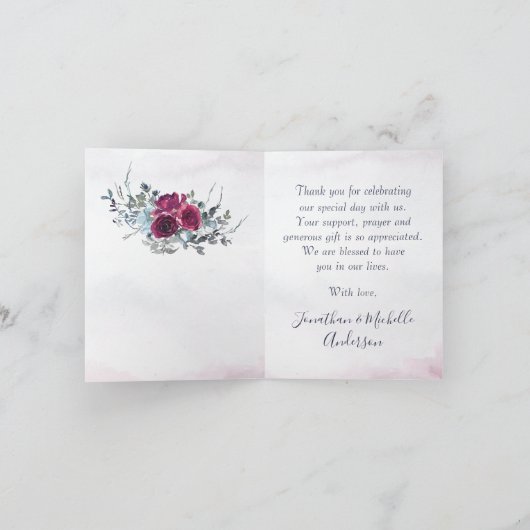 エレガントブルゴーニュ白と青のバラ結婚ズ サンキューカード (内部)