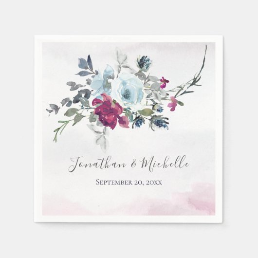 エレガントブルゴーニュ白と青のバラ結婚ズ スタンダードカクテルナプキン (正面)