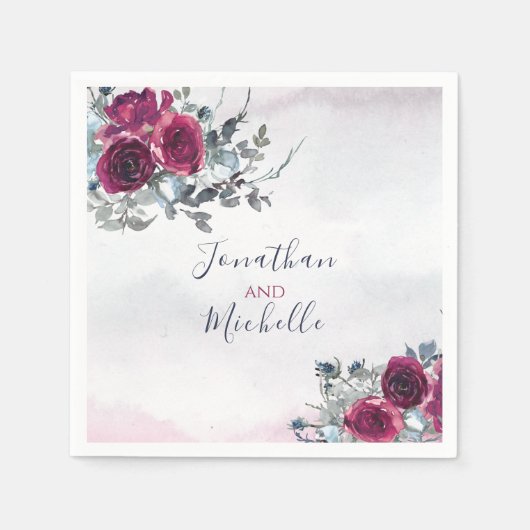 エレガントブルゴーニュ白と青のバラ結婚ズ スタンダードカクテルナプキン (正面)