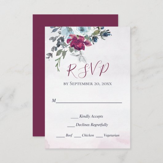 エレガントブルゴーニュ白と青のバラ結婚式RSVP 出欠カード (正面/裏面)