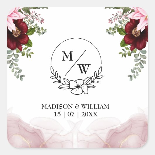 エレガントブルゴーニュ結婚ー花 スクエアシール (正面)