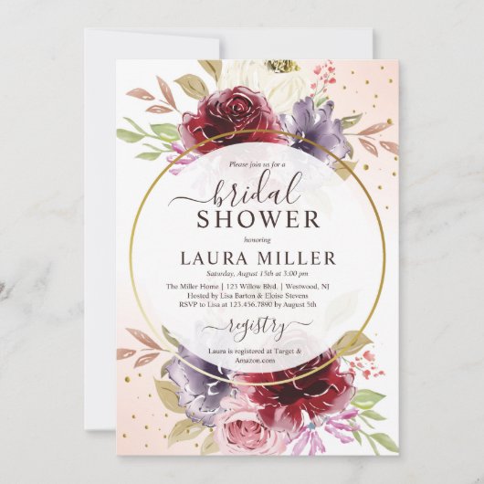 エレガントブルゴーニュ薄紫ピンクローズブライダルシャワー 招待状 (正面)