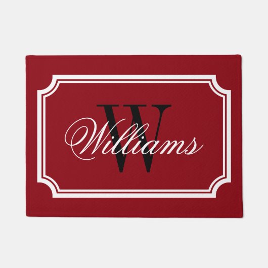 エレガントブルゴーニュ赤いファミリー名モノグラムドアマット ドアマット (正面)
