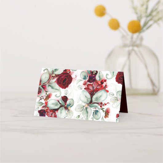 エレガントブルゴーニュ赤フローラ結婚ズ プレイスカード (裏面)