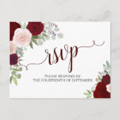 エレガントブルゴーニュ赤水カラーバラウェディングRSVP ポストカード (正面)