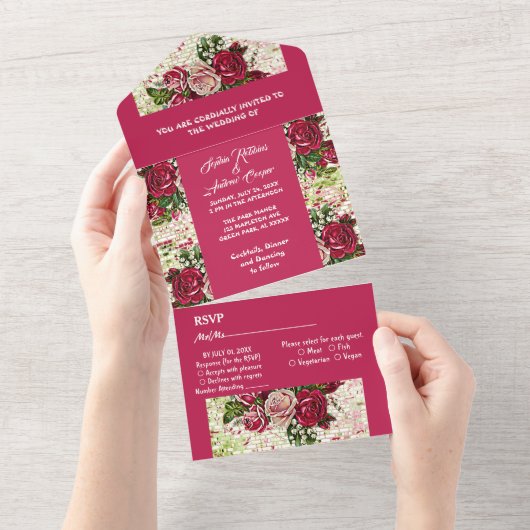 エレガントブルゴーニュ赤素朴バラカントリーウェディング オールインワン招待状 (貼ってはがせる)