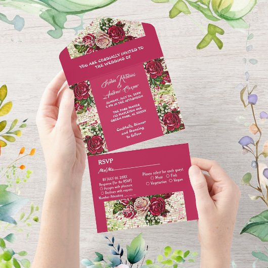 エレガントブルゴーニュ赤素朴バラカントリーウェディング オールインワン招待状