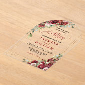 エレガントブルゴーニュ赤赤面金ゴールド幾何学模様結婚 アクリル招待状 (レイダウン)