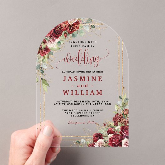 エレガントブルゴーニュ赤赤面金ゴールド幾何学模様結婚 アクリル招待状 (インサイチュ (ポータブル))