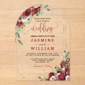 エレガントブルゴーニュ赤赤面金ゴールド幾何学模様結婚 アクリル招待状 (正面)