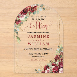 エレガントブルゴーニュ赤赤面金ゴールド幾何学模様結婚 アクリル招待状