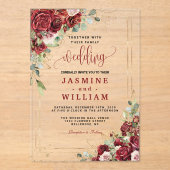 エレガントブルゴーニュ赤赤面金ゴールド幾何学模様結婚 アクリル招待状 (正面)