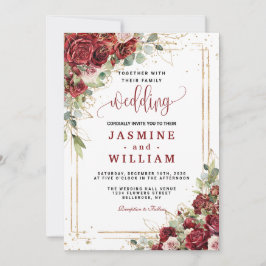 エレガントブルゴーニュ赤赤面金ゴールド幾何学模様結婚 招待状