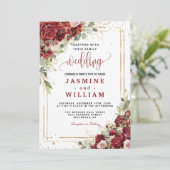 エレガントブルゴーニュ赤赤面金ゴールド幾何学模様結婚 招待状 (スタンド正面)