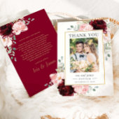 エレガントブルゴーニュ赤面フローラ結婚写真 サンキューカード