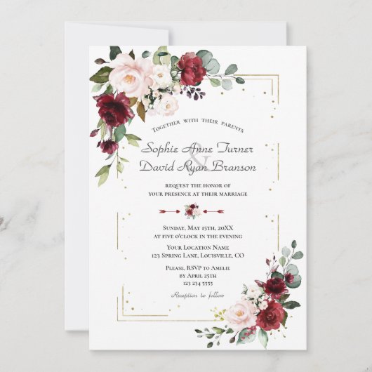 エレガントブルゴーニュ赤面花金ゴールド結婚ズ 招待状 (正面)