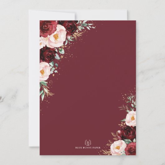 エレガントブルゴーニュ赤面金ゴールド結婚花 招待状 (裏面)