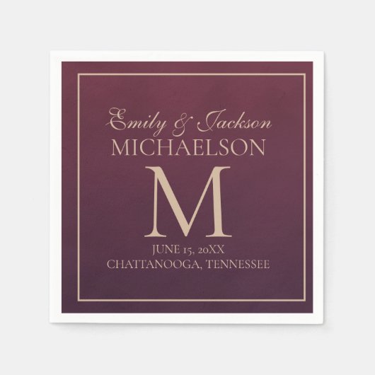 エレガントブルゴーニュ金ゴールドモノグ結婚ラム スタンダードカクテルナプキン (正面)