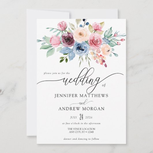 エレガントブルゴーニュ青い花QRコード結婚ズ 招待状 (正面)