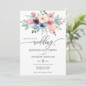 エレガントブルゴーニュ青い花QRコード結婚ズ 招待状 (スタンド正面)