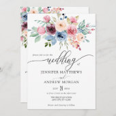 エレガントブルゴーニュ青い花QRコード結婚ズ 招待状 (正面/裏面)