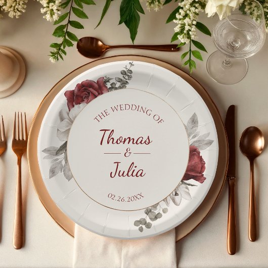 エレガントブルゴーニュ&シルバーウォーター結婚カラー ペーパープレート