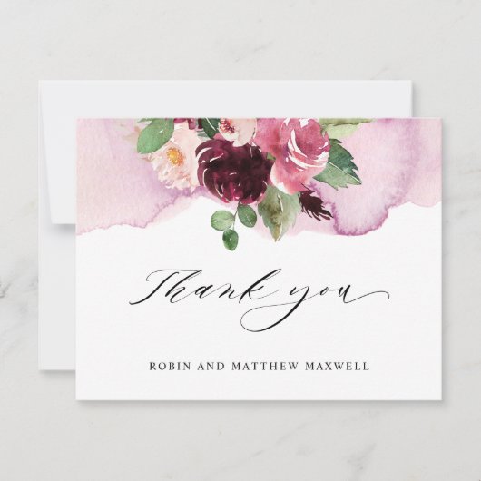 エレガントブルゴーニュ・ピンクと赤面フローラ結婚ズ サンキューカード (正面)