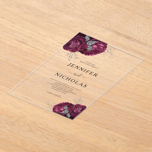 エレガントブルゴーニュ・プー結婚ニー アクリル招待状 (レイダウン)