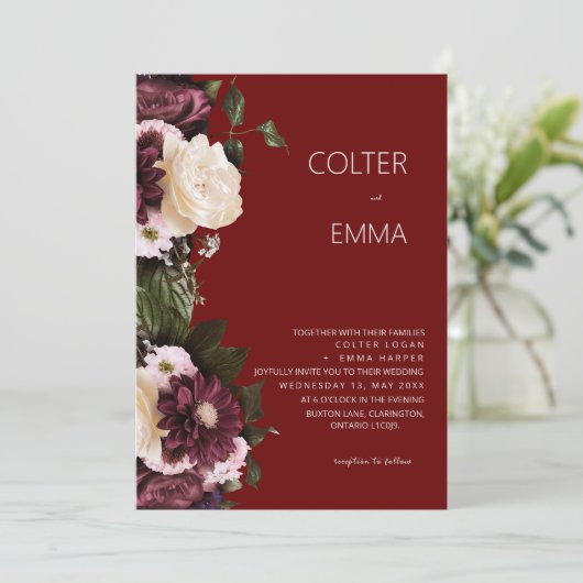 エレガントブルゴーニュ&ホワイトフローラウォーター結婚カラー 招待状 (スタンド正面)