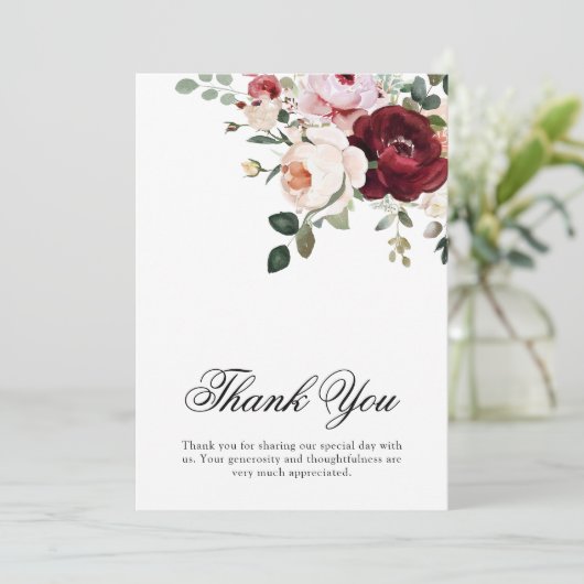 エレガントブルゴーニュ&赤面ウォーター色フローラ結婚ズ サンキューカード (スタンド正面)