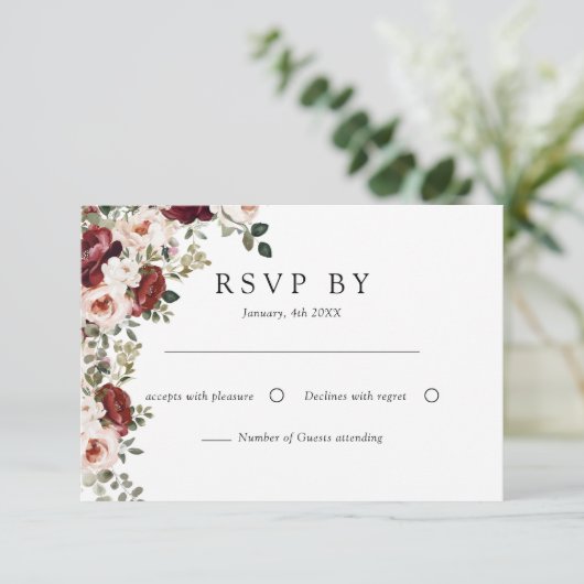 エレガントブルゴーニュ&赤面ウォーター色フローラ結婚ズ 出欠カード (スタンド正面)