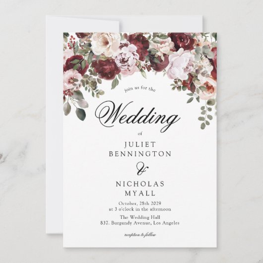 エレガントブルゴーニュ&赤面ウォーター色フローラ結婚ズ 招待状 (正面)