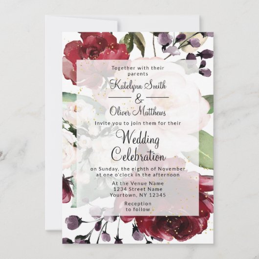 エレガントブルゴーニュ&金ゴールドフローラ水の色結婚の 招待状 (正面)