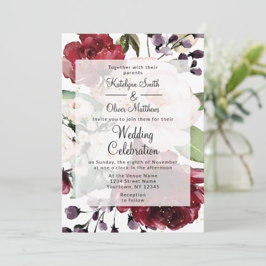 エレガントブルゴーニュ&金ゴールドフローラ水の色結婚の 招待状 (スタンド正面)